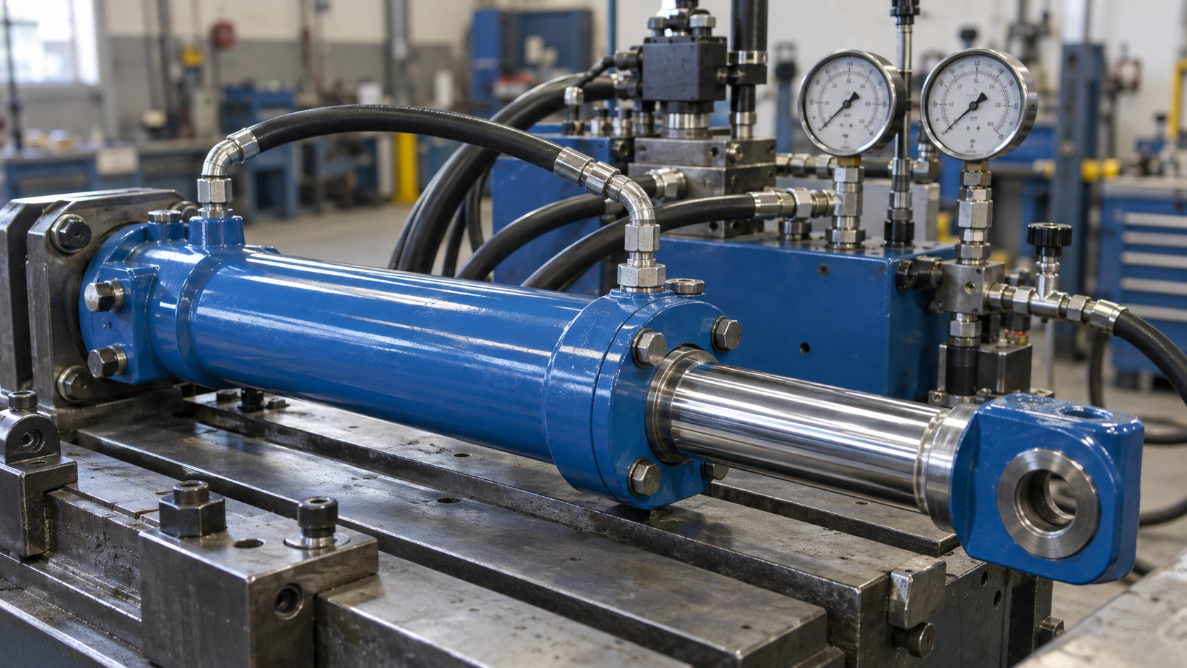 Vérin hydraulique reconditionné en essai sur banc hydraulique avec manomètres